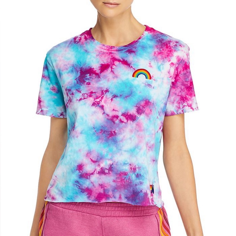 Aviator‎ Nation Rainbow Embroidered Tie-Boyfriend Tee Tie-dyed Turquoise XS